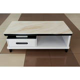 Modern Coffee Table with White and Beige Marble Top and Storage Drawer