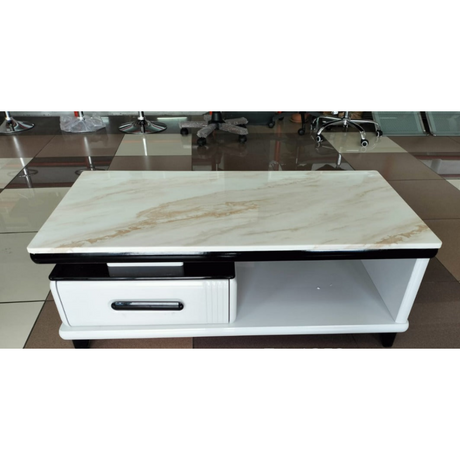 Modern Coffee Table with White and Gold Marble Top and Storage Drawer