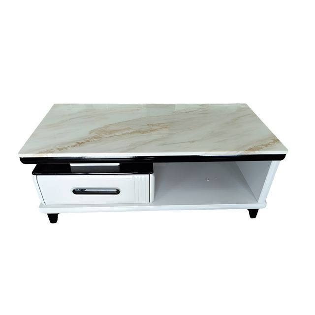 Modern Coffee Table with White and Gold Marble Top and Storage Drawer