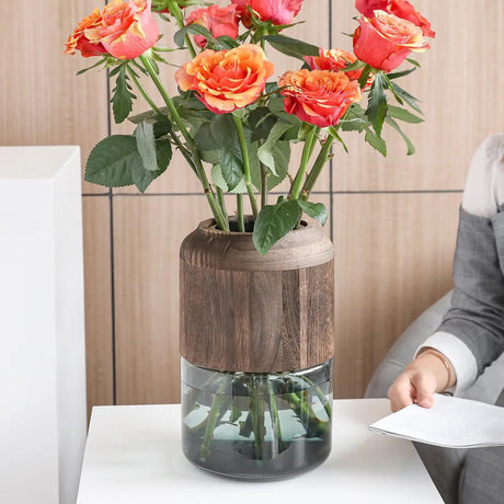 Modern Creative Glass Vase with Removable Wooden Accent 36cm Elegant Home Decor Living Rooms, Dining Rooms, Offices