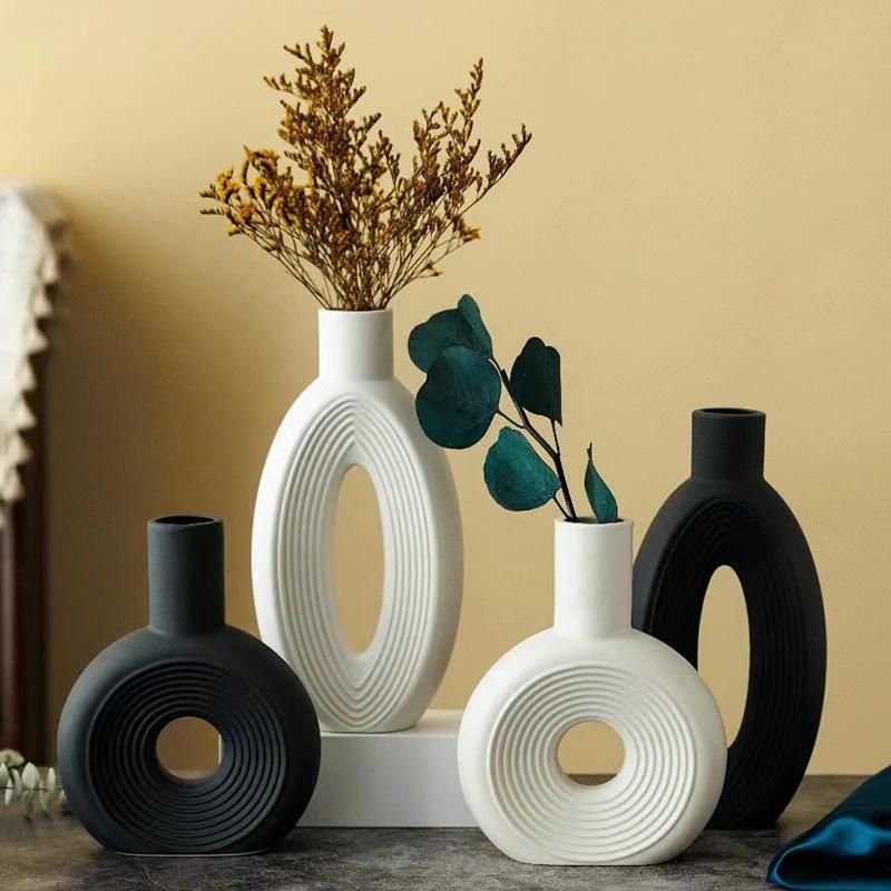 Modern Decorative Vase Set2 Piece Ceramic Set Minimalist Black & White Tones Home Decor Decals
