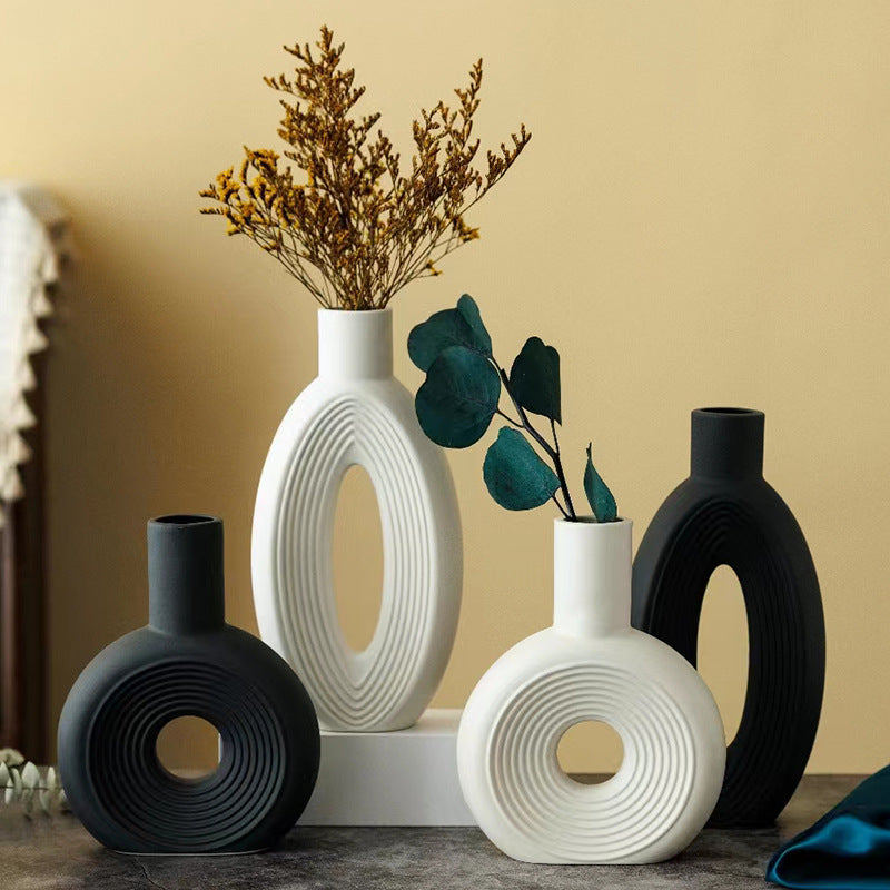 Modern Decorative Vase Set2 Piece Ceramic Set Minimalist Black & White Tones