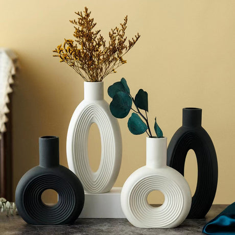 Modern Decorative Vase Set2 Piece Ceramic Set Minimalist Black & White Tones