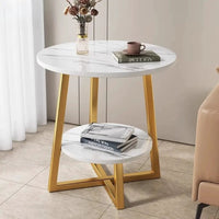 Modern Double Layer Round Side Table with MDF Top and Metal Cross Legs Furniture Furniture