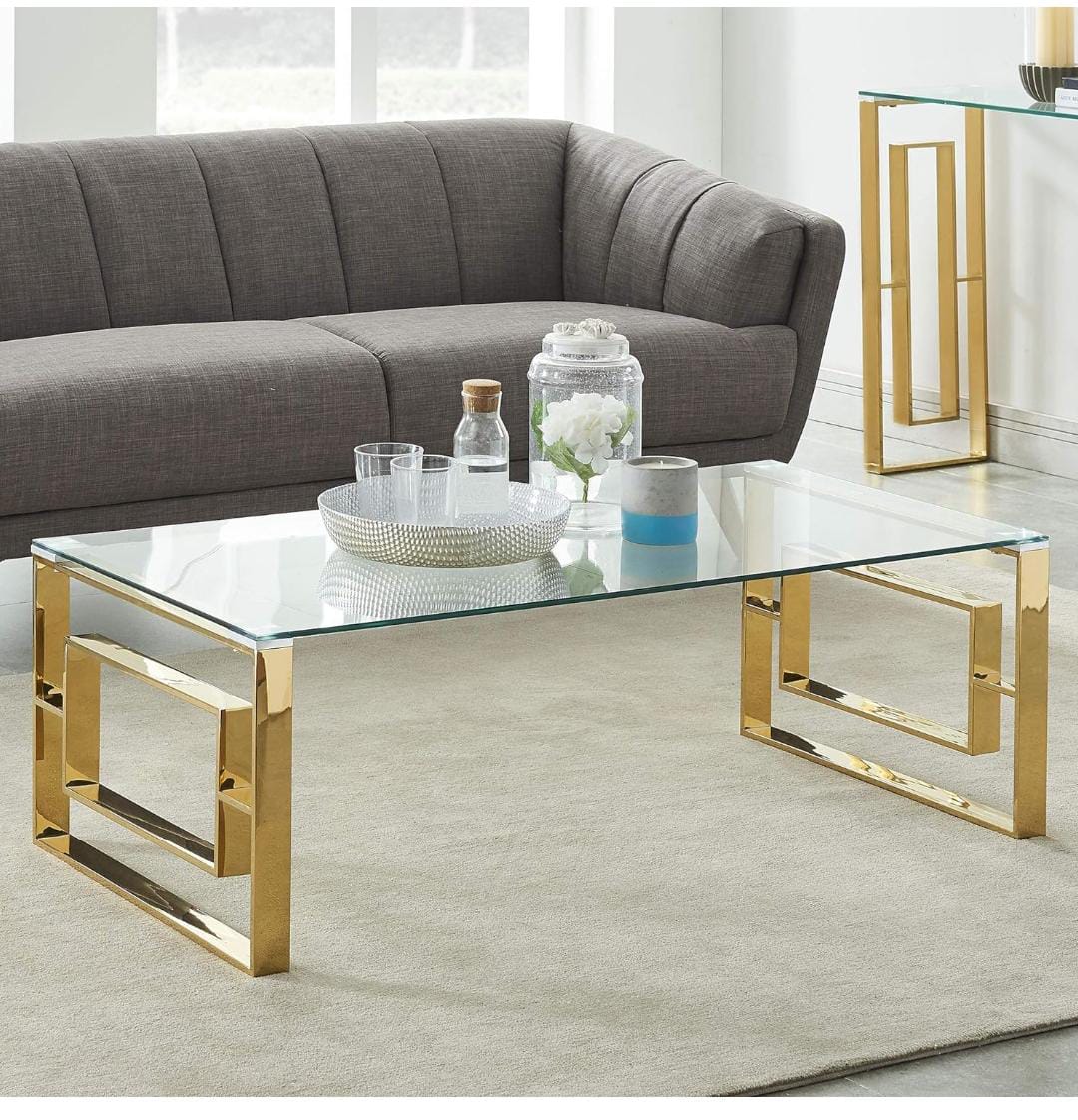 Modern Glass Coffee Table Rectangular Clear Top with Gold Stainless Steel Geometric Frame