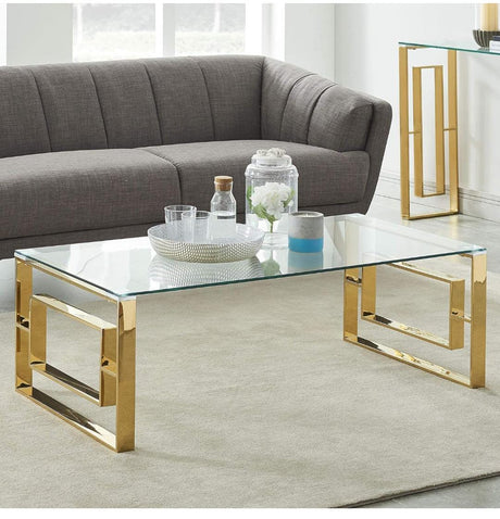 Modern Glass Coffee Table Rectangular Clear Top with Gold Stainless Steel Geometric Frame