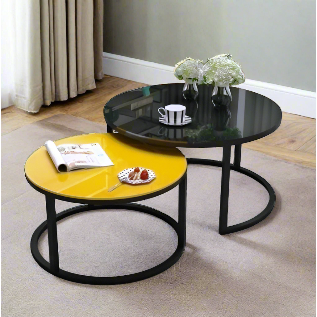 Modern Glass Nesting Tables Yellow & Black Glass Tabletops