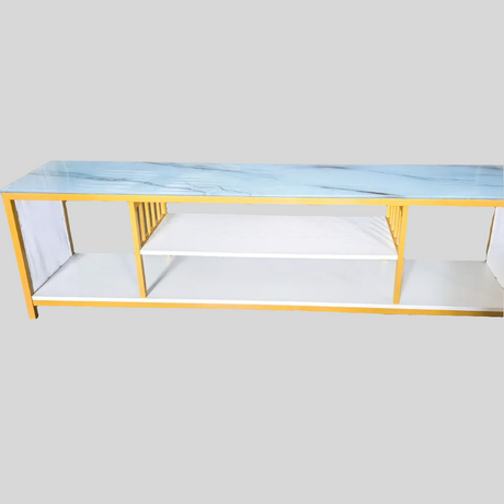 Modern Glass Top TV Stand with Open Storage & Shelves