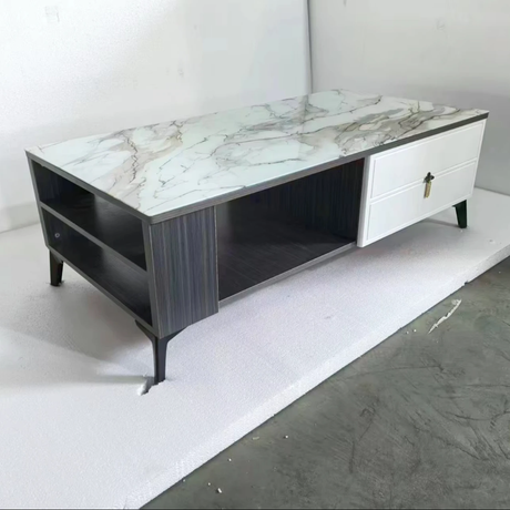Modern Marble Top Coffee Table with Storage Drawers and Open Shelves