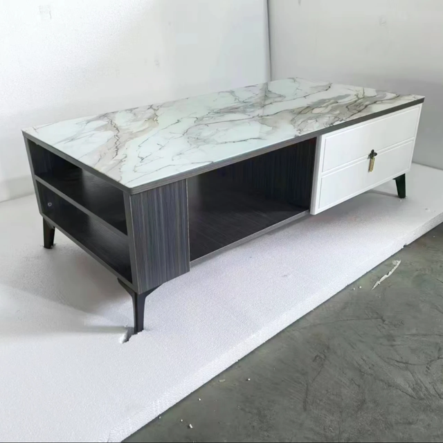 Modern Marble Top Coffee Table with Storage Drawers and Open Shelves