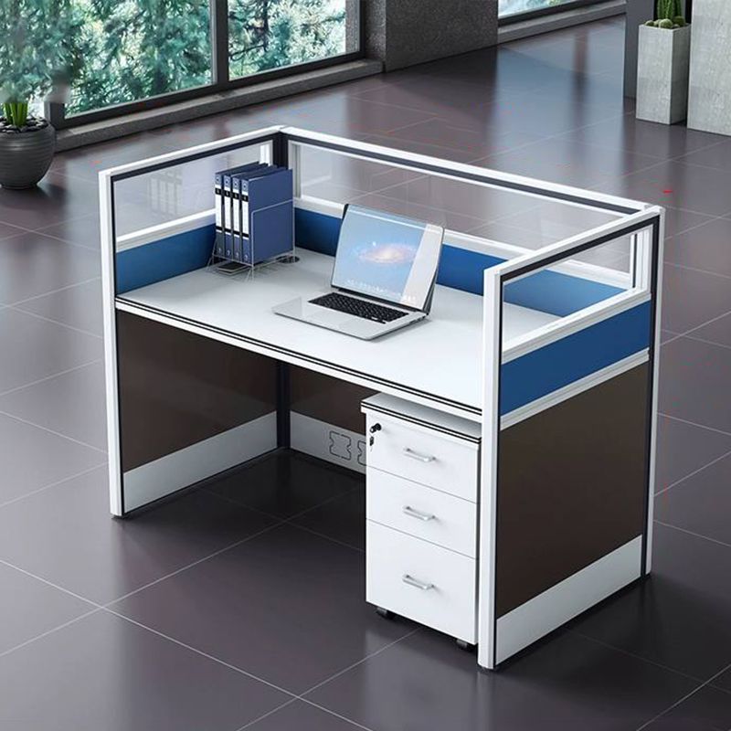 Modern Office Workstation Desk with Privacy Panels and Storage Drawers