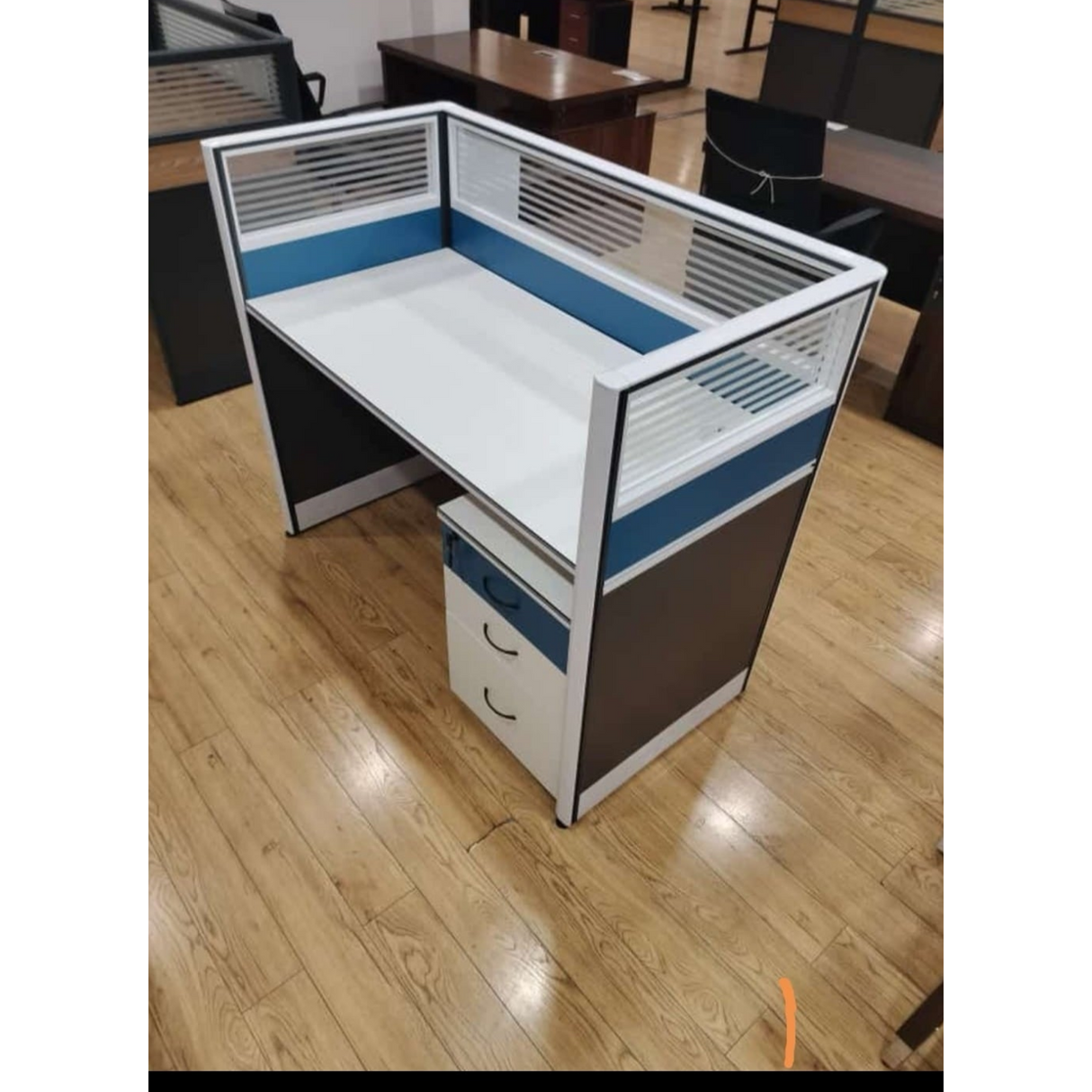 Modern Office Workstation Desk with Privacy Panels and Storage Drawers