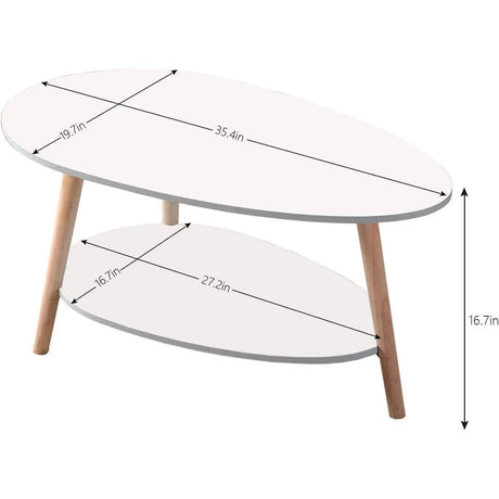 Modern Oval Coffee Table with Storage Shelf | White MDF Top and Natural Wooden Legs