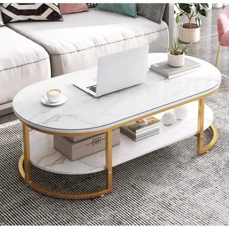 Modern Oval Shaped MDF Double Layer Coffee Table Two Tier Design for Living Room & Office