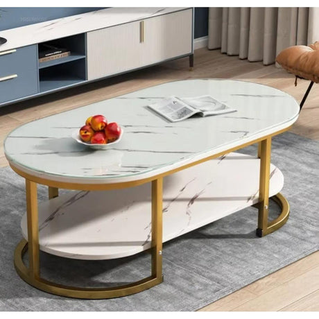 Modern Oval Shaped MDF Double Layer Coffee Table Two Tier Design for Living Room & Office