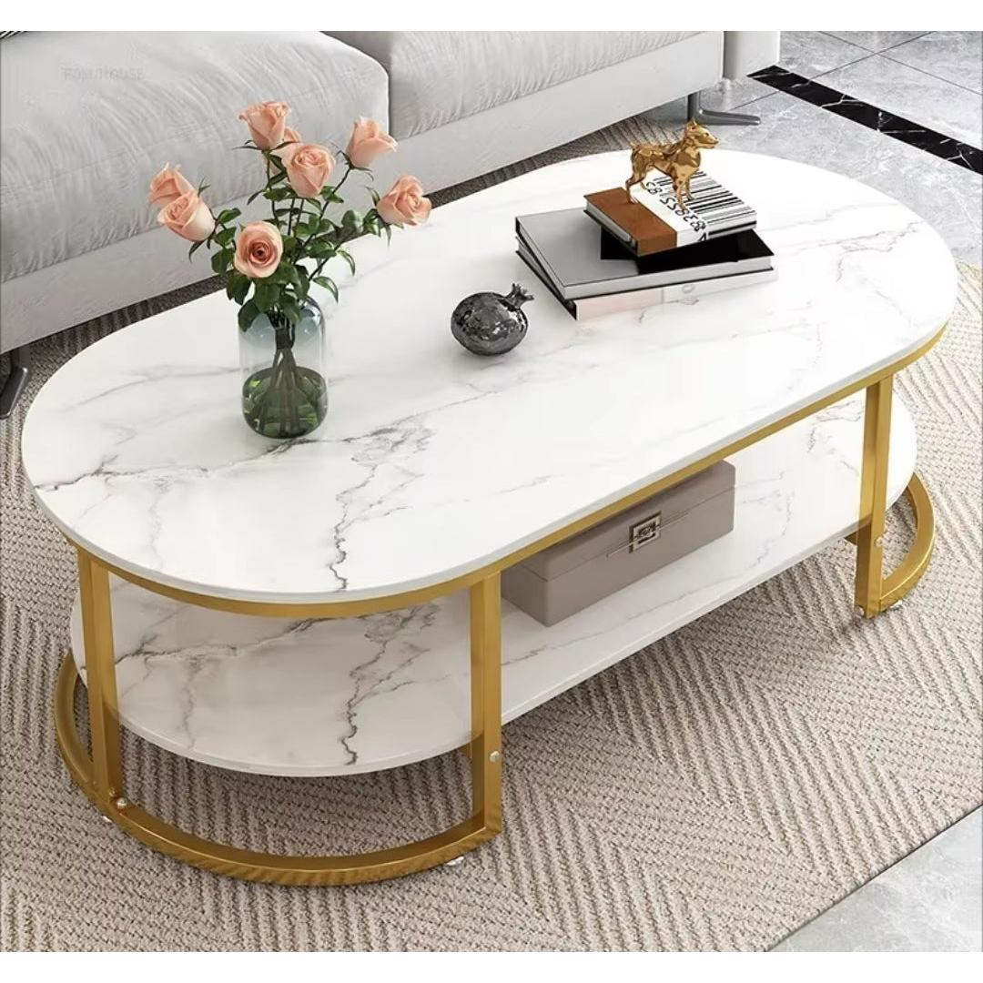 Modern Oval Shaped MDF Double Layer Coffee Table Two Tier Design for Living Room & Office