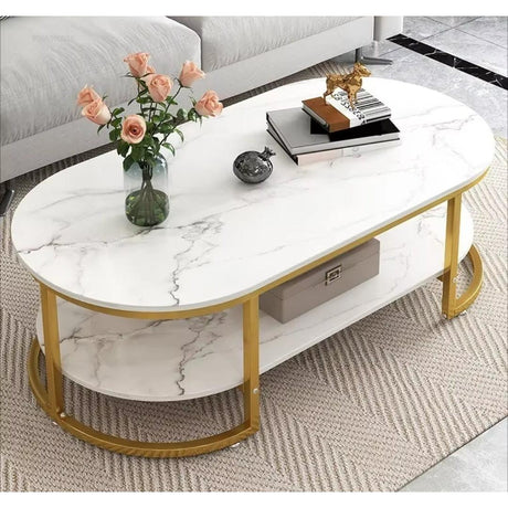 Modern Oval Shaped MDF Double Layer Coffee Table Two Tier Design for Living Room & Office
