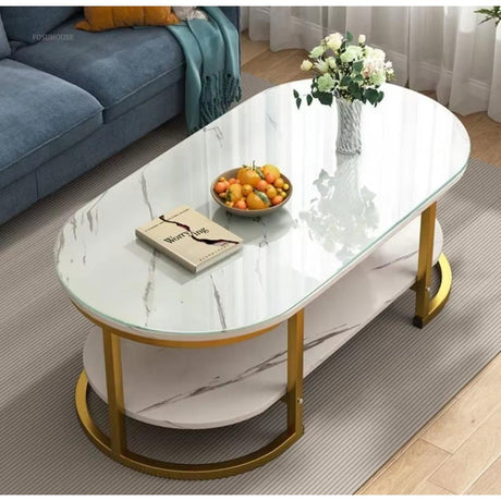 Modern Oval Shaped MDF Double Layer Coffee Table Two Tier Design for Living Room & Office
