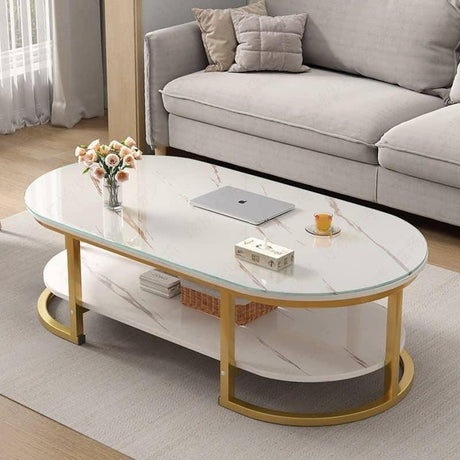 Modern Oval Shaped MDF Double Layer Coffee Table Two Tier Design for Living Room & Office