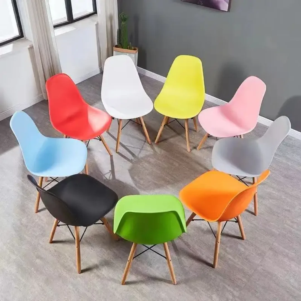 Modern Plastic Dining Chair – Curved Seat with Wooden Legs and Eiffel-Style Support Dining Chairs Furniture Sets