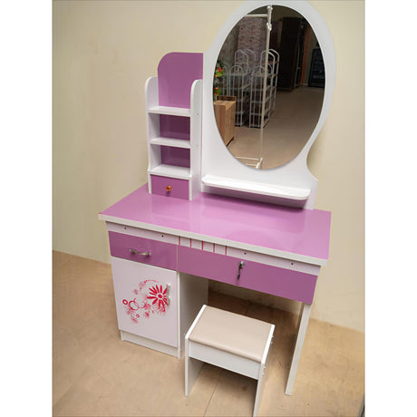 Modern Round Mirror Wooden Dressing Table with Storage and Stool