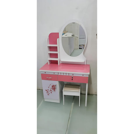 Modern Round Mirror Wooden Dressing Table with Storage and Stool