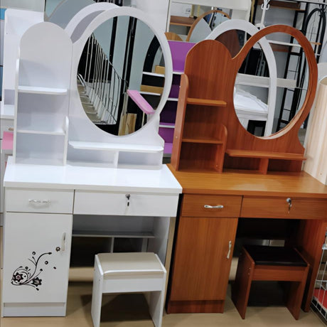 Modern Round Mirror Wooden Dressing Table with Storage and Stool