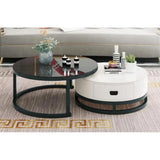 Modern Round Two Tier Side Table with Storage Drawer Sleek Black Glass Top and White Finish for Living Room or Bedroom