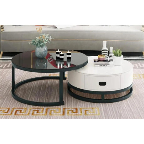 Modern Round Two Tier Side Table with Storage Drawer Sleek Black Glass Top and White Finish for Living Room or Bedroom