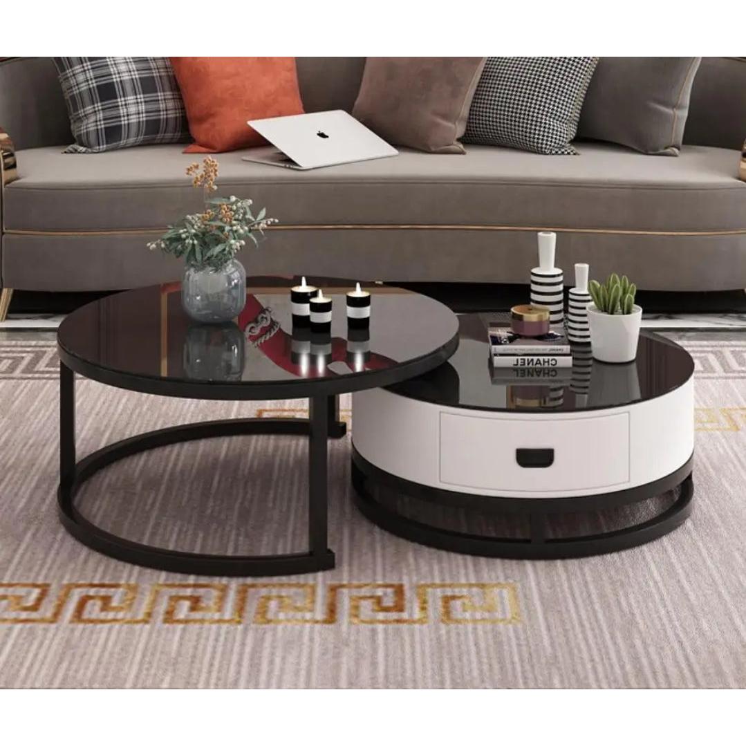 Modern Round Two Tier Side Table with Storage Drawer Sleek Black Glass Top and White Finish for Living Room or Bedroom