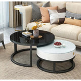 Modern Round Two Tier Side Table with Storage Drawer Sleek Black Glass Top and White Finish for Living Room or Bedroom