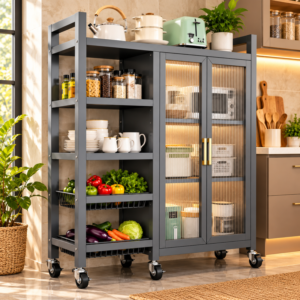 Fluted Glass Kitchen Storage Cabinet Kitchen Storage Cabinet Hutch-Style Kitchen Cabinets