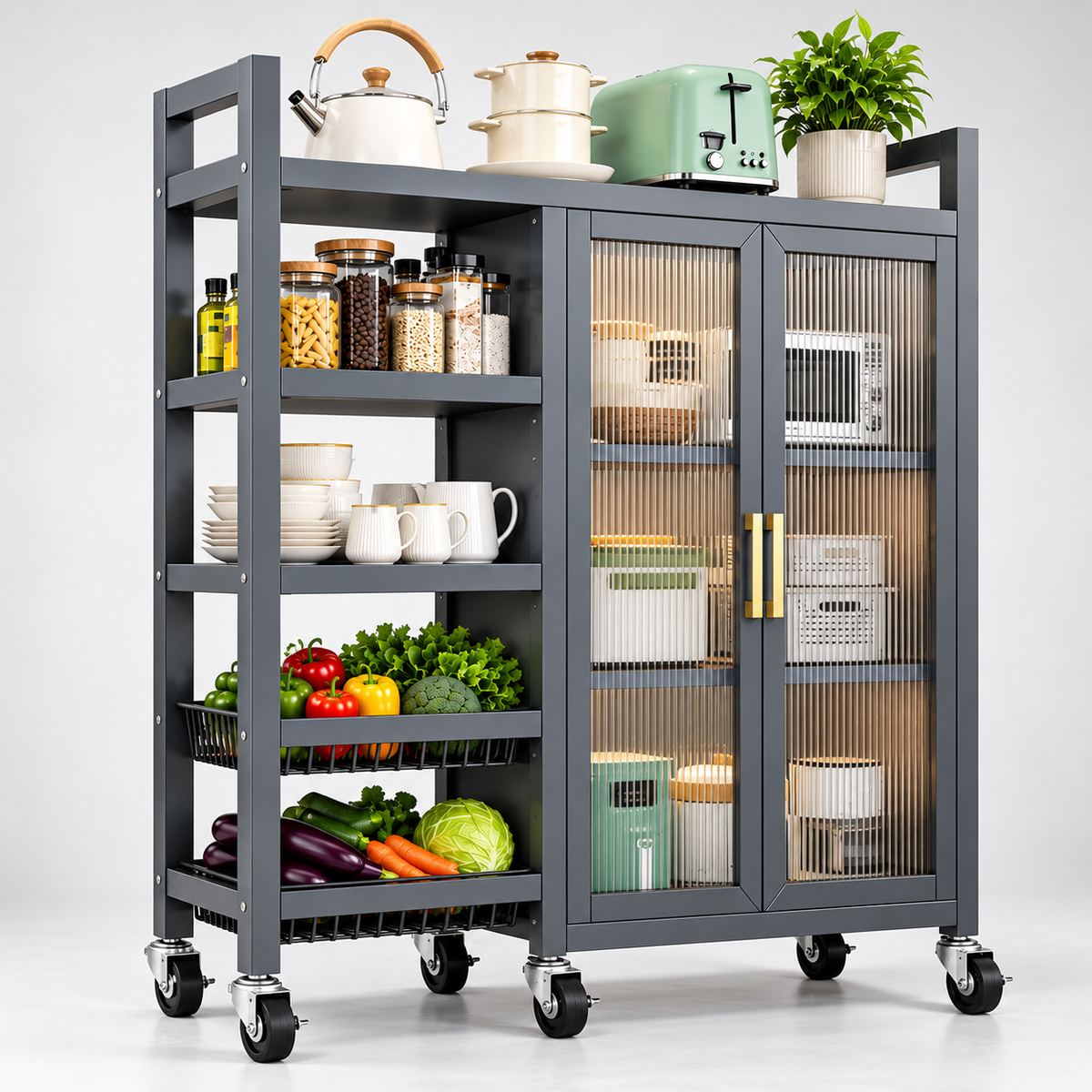 Fluted Glass Kitchen Storage Cabinet Kitchen Storage Cabinet Hutch-Style Kitchen Cabinets