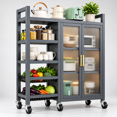 Fluted Glass Kitchen Storage Cabinet Kitchen Storage Cabinet Hutch-Style Kitchen Cabinets