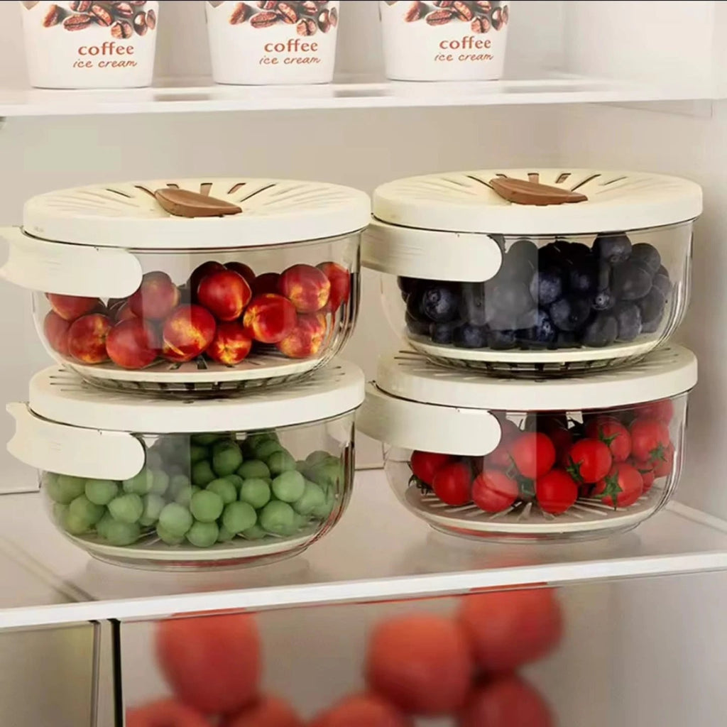 Multi-Functional Food Storage and Drainer Container with Foldable Handle and Drain Switch. Kitchen Slicers