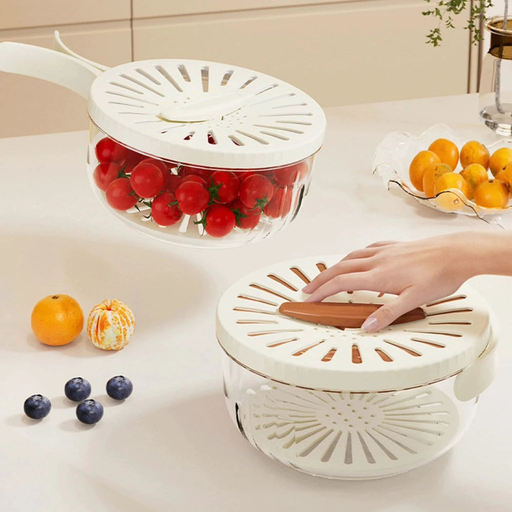 Multi-Functional Food Storage and Drainer Container with Foldable Handle and Drain Switch. Kitchen Slicers