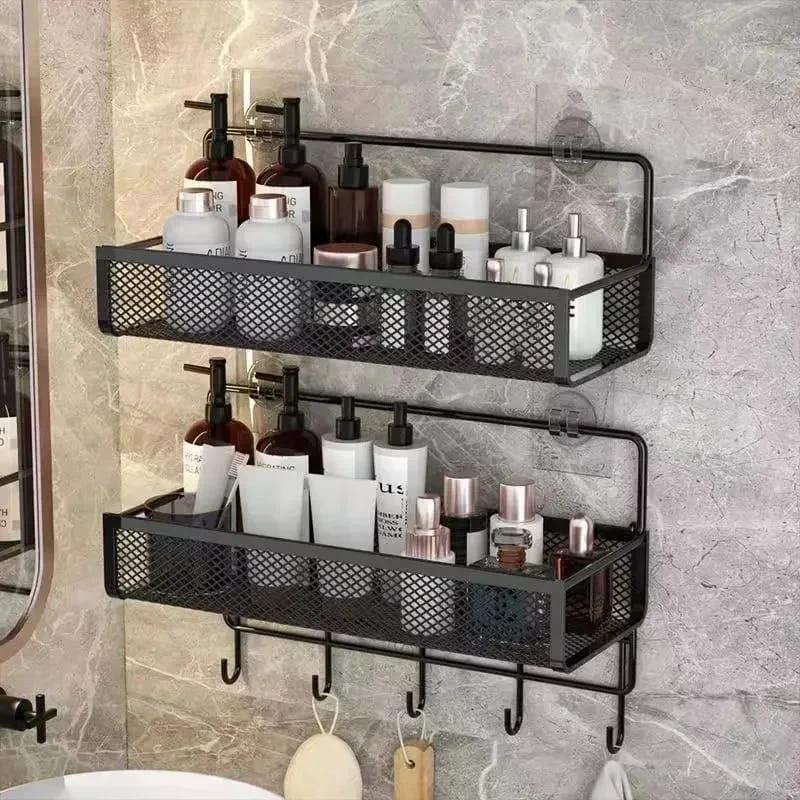 Multifunctional 2 Piece Set Portable Hanging Wall Mounted Storage Rack | No Drill Organizer for Bathroom, Kitchen, Onion, Garlic, & Seasoning Bathroom Storage Storage Hooks & Racks