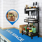 Multifunctional 3 Tier Stainless Steel Spice Rack | Kitchen Countertop Seasoning Organizer with Condiment Jars Storage | L32 x W21 x H60.5 cm