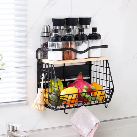 Multifunctional Magnetic Mountable Stainless Steel Wire Storage Basket with Wooden Shelf 35x17x29.5cm