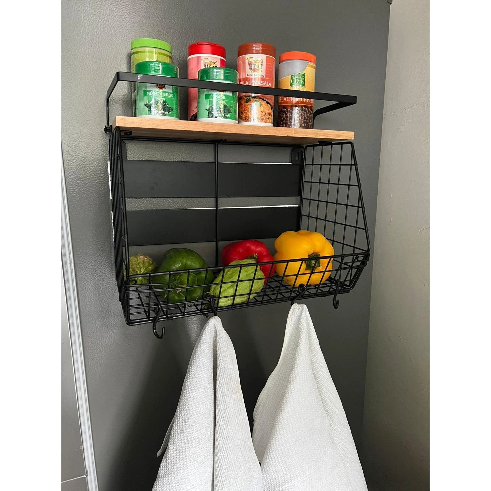 Multifunctional Magnetic Mountable Stainless Steel Wire Storage Basket with Wooden Shelf 35x17x29.5cm Kitchen Racks Household Storage Caddies