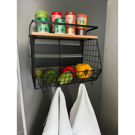 Multifunctional Magnetic Mountable Stainless Steel Wire Storage Basket with Wooden Shelf 35x17x29.5cm