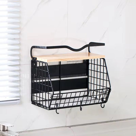 Multifunctional Magnetic Mountable Stainless Steel Wire Storage Basket with Wooden Shelf 35x17x29.5cm