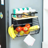 Multifunctional Magnetic Mountable Stainless Steel Wire Storage Basket with Wooden Shelf 35x17x29.5cm Kitchen Racks Household Storage Caddies