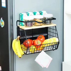 Multifunctional Magnetic Mountable Stainless Steel Wire Storage Basket with Wooden Shelf 35x17x29.5cm Kitchen Racks Household Storage Caddies