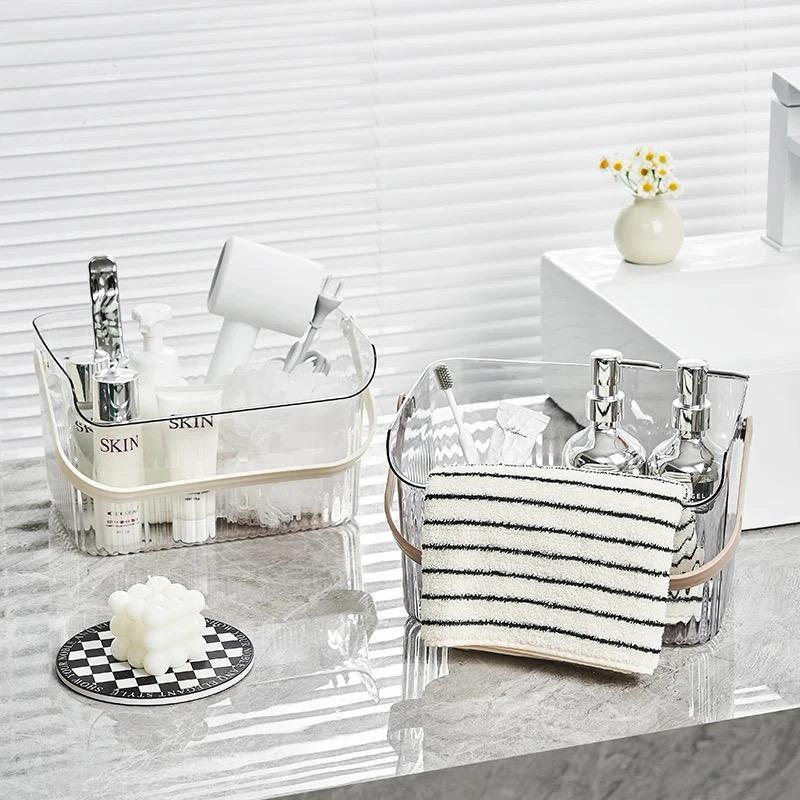 Multipurpose Draining Basket with Handle Clear Acrylic with White or Beige Handle Storage Containers