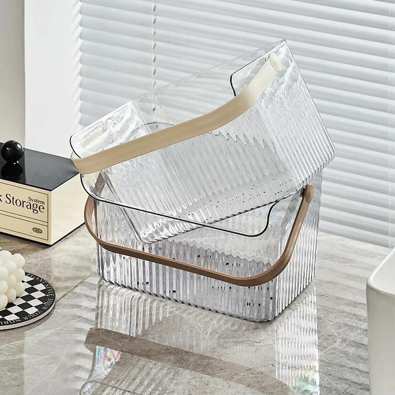 Multipurpose Draining Basket with Handle Clear Acrylic with White or Beige Handle Storage Containers