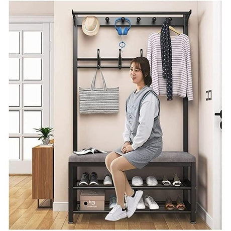 Multipurpose Entryway Bench with Shoe Rack & Clothes Hanger SpaceSaving Organizer Black & White