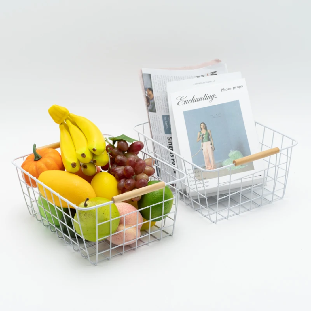 Multipurpose Metallic Mesh Basket with Wooden Handle – Black or White