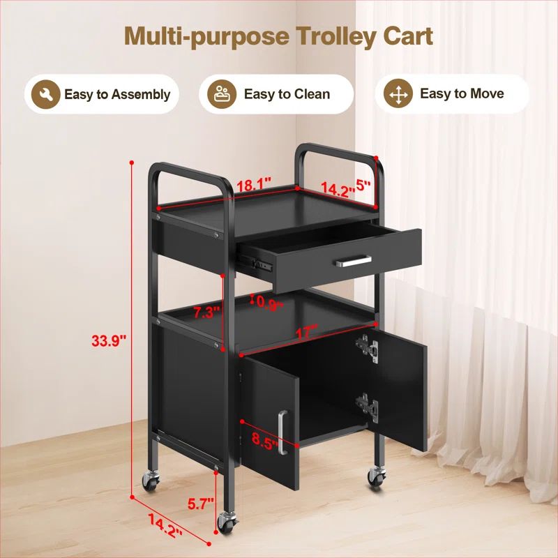 Multipurpose Trolley Cart | Versatile Organizer with Wheels | 84x50x33cm | White & Black