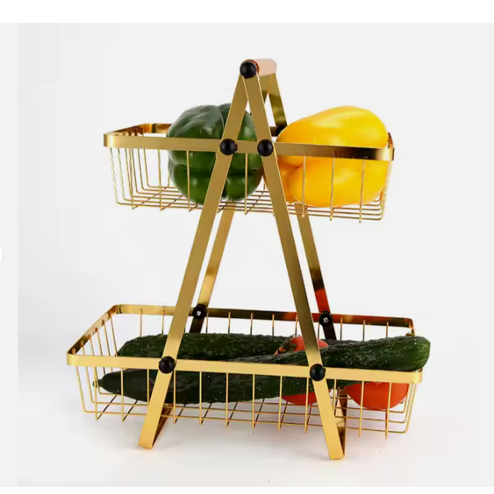 Multipurpose V-shaped Two Layer Metallic Golden Rack with Wooden Handle